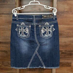 Vtg Miss Chic Denim Skirt Size L Cross Embellished Fray Hem Y2K Western